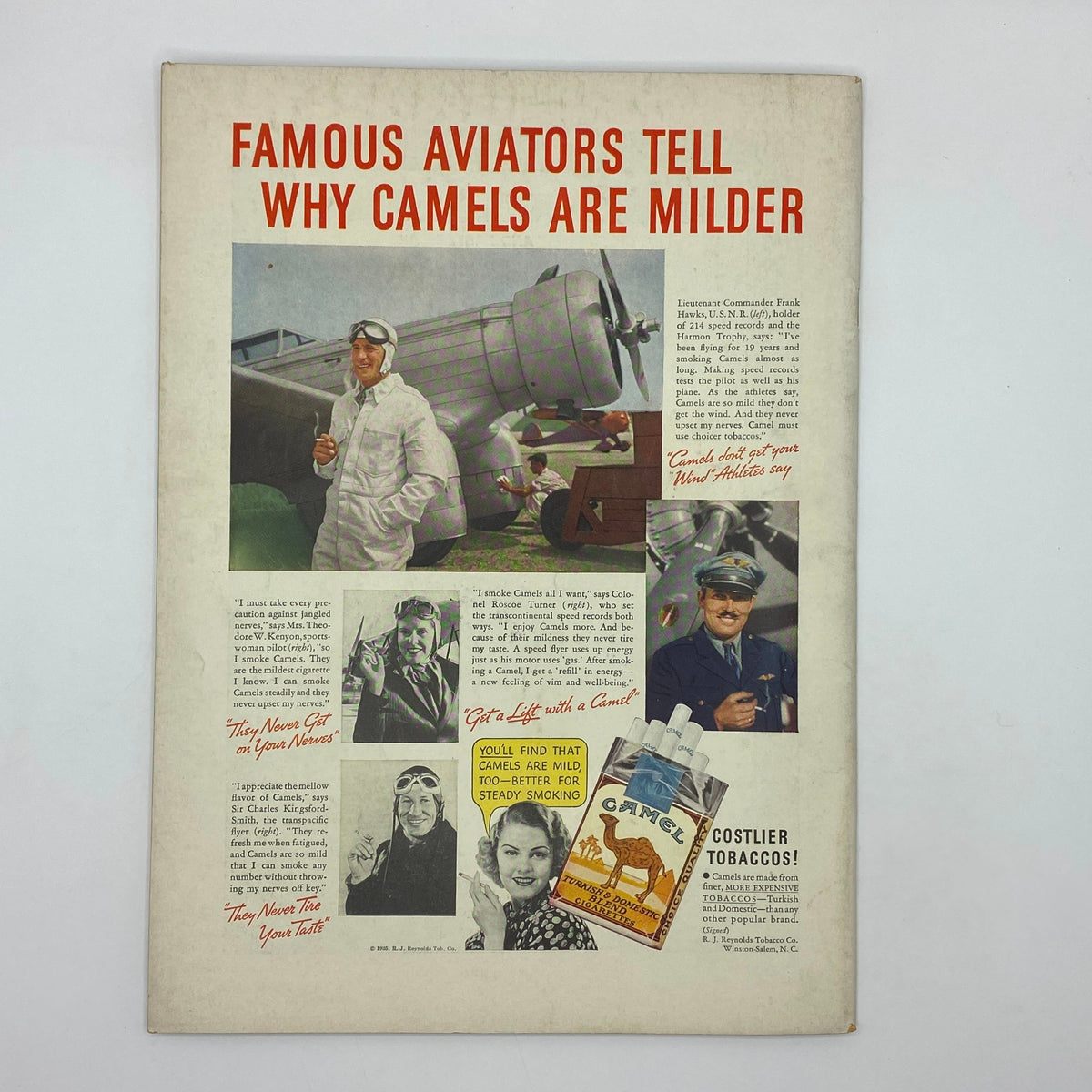 Vintage advertisement for Camel cigarettes in The New Yorker Complete Magazine November 2, 1935, featuring famous aviators endorsing the brand.