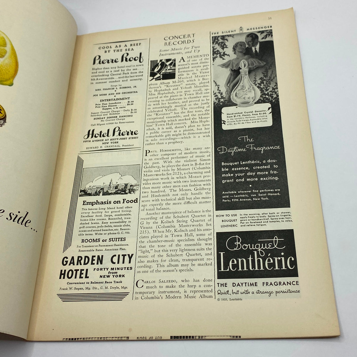 Inside advertisement pages of The New Yorker Complete Magazine June 1, 1935 highlighting concert records and dining options.