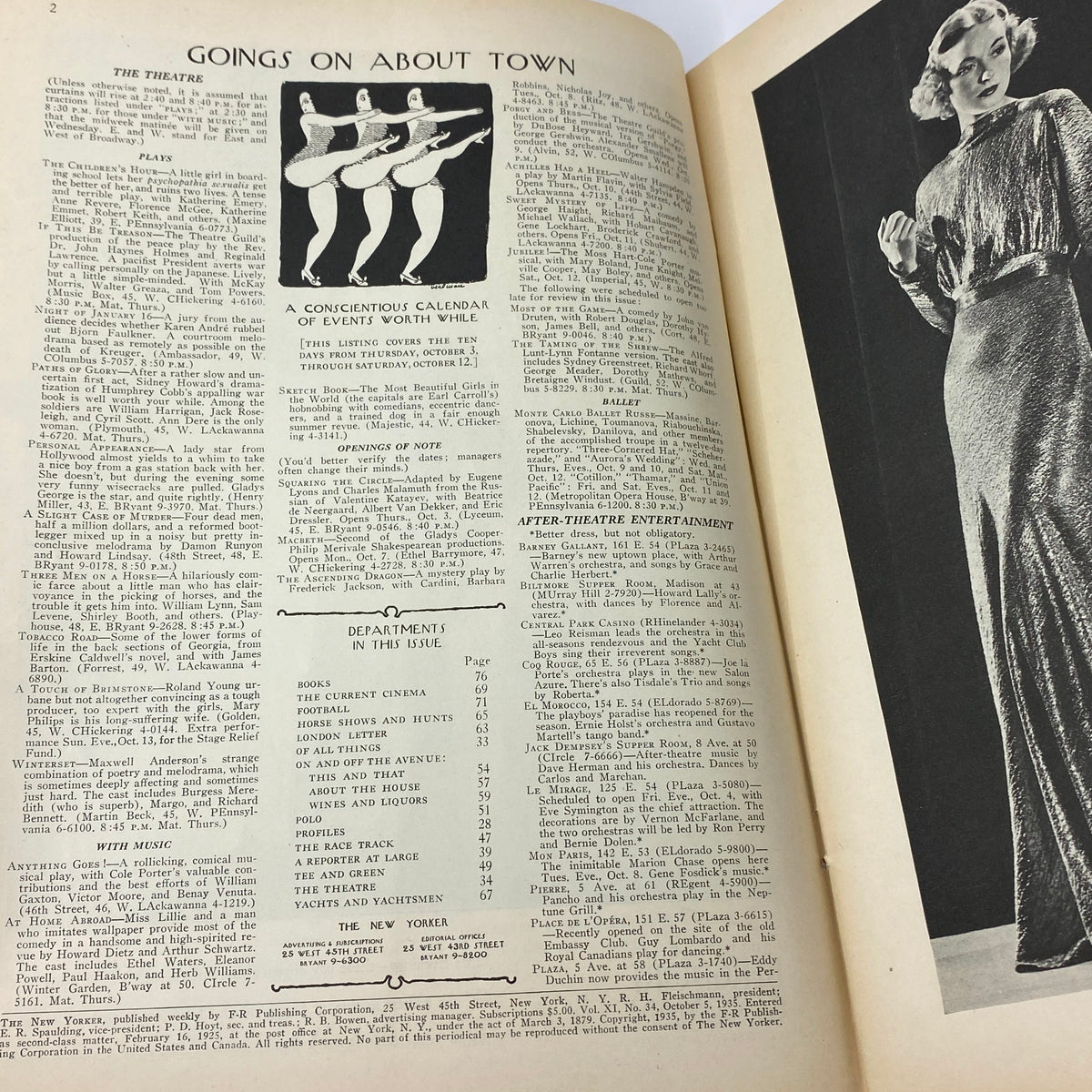 Interior page from The New Yorker magazine, October 5, 1935, featuring a calendar of events and advertisements, providing insights into entertainment and cultural happenings of the era. Rare vintage content that complements the Constantin Alajalov cover art.