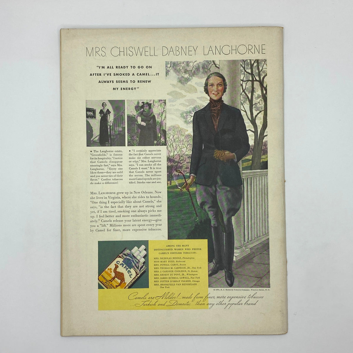 Page from The New Yorker Complete Magazine October 5, 1935 featuring an advertisement for Camel cigarettes with Mrs. Chiswell Dabney Langhorne, highlighting historical tobacco branding and women's fashion.
