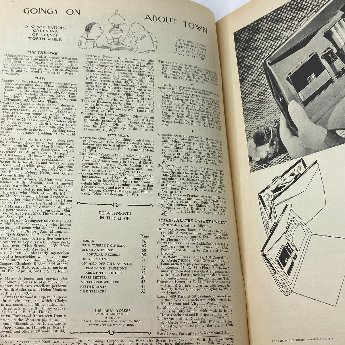Inside page of The New Yorker Complete Magazine April 13, 1935 featuring 'Goings On About Town' section, showcasing listings for events, theater plays, and cultural happenings in New York City.