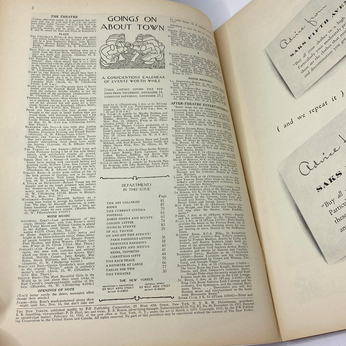 Inside pages of The New Yorker Complete Magazine November 16, 1935, featuring a calendar of events and department listings.