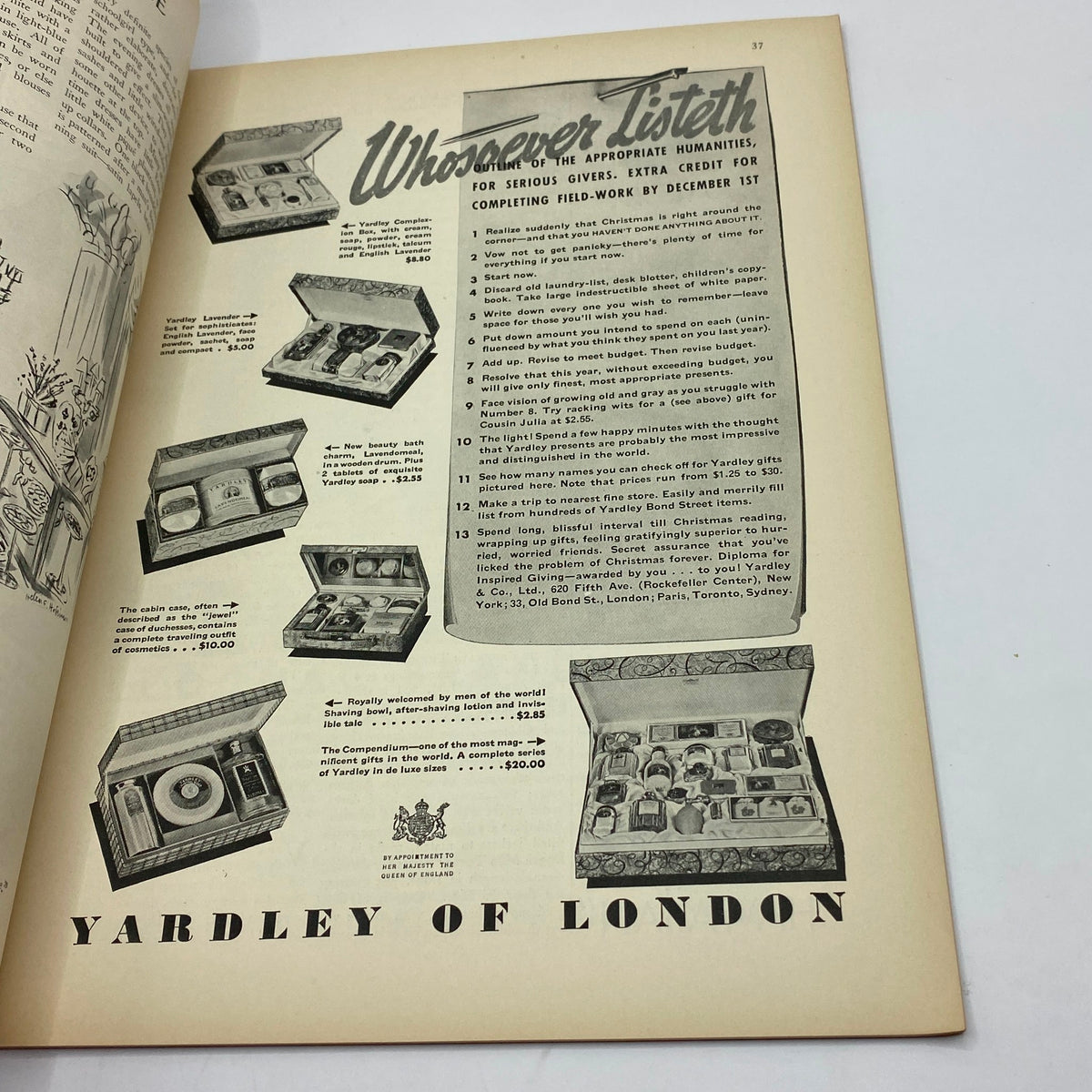 Advertisement for Yardley cosmetics from The New Yorker Complete Magazine November 16, 1935, featuring product boxes and prices, highlighting gifts for the holiday season.