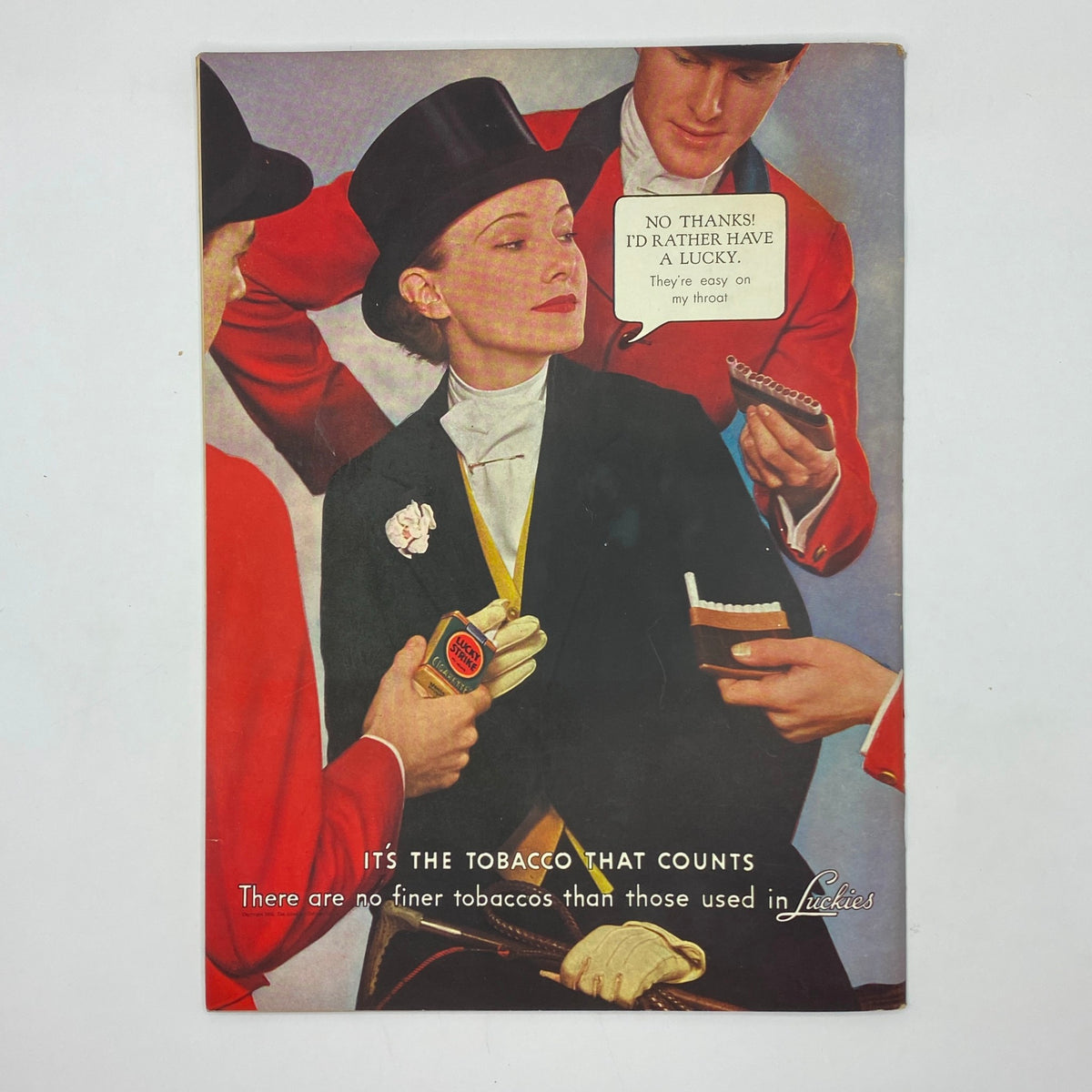 Colorful advertisement in The New Yorker magazine from October 26, 1935 promoting Lucky Strike cigarettes, featuring a fashionable woman and elegant presentation.