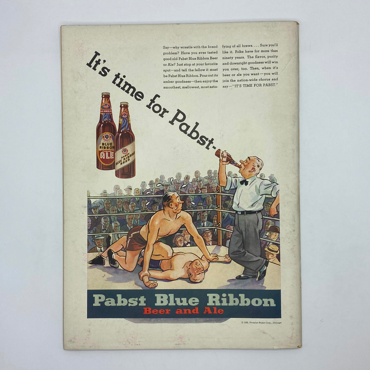 Interior back cover of The New Yorker complete magazine from November 9, 1935, displaying a vintage advertisement for Pabst Blue Ribbon Beer and Ale, featuring a boxing scene and engaging text about the product.
