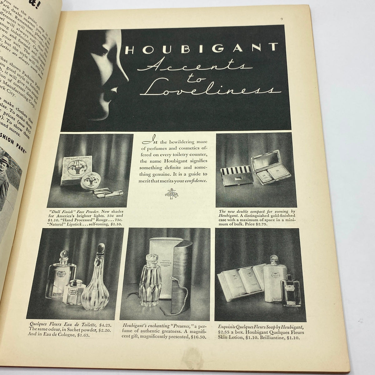Advertisement from The New Yorker magazine, October 12, 1935, showcasing Houbigant beauty products with an elegant design and descriptions of various perfume and cosmetic items.