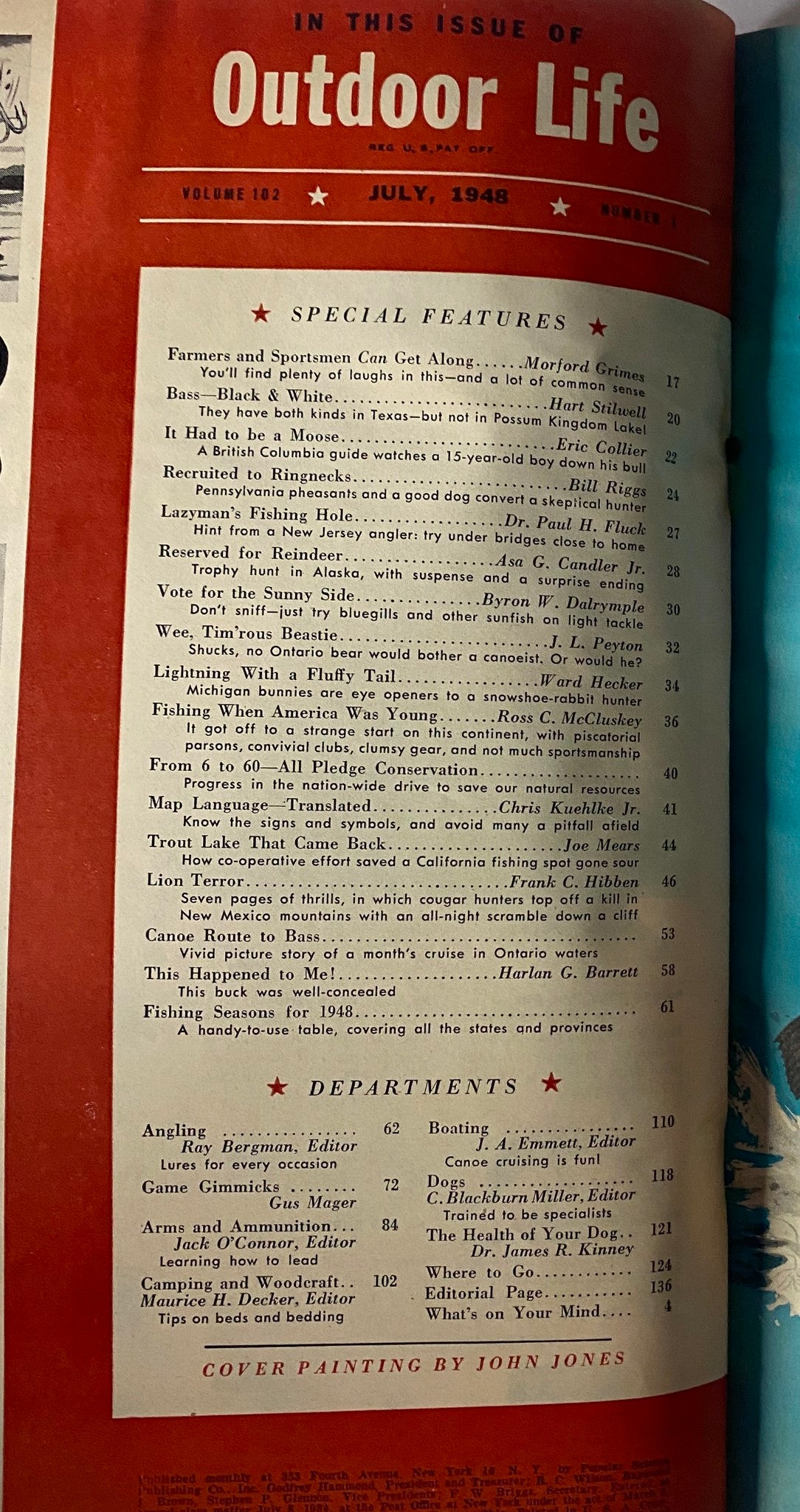 Inside page of Outdoor Life Magazine July 1948, listing special features and departments, showcasing the magazine's content overview with a cover painting by John Jones.