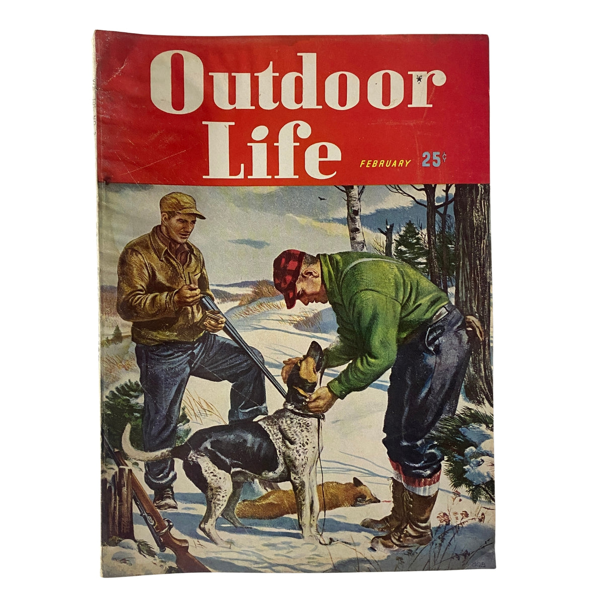 Cover painting of Outdoor Life Magazine February 1948 featuring hunters with a dog in a snowy landscape, showcasing vintage outdoor themes.