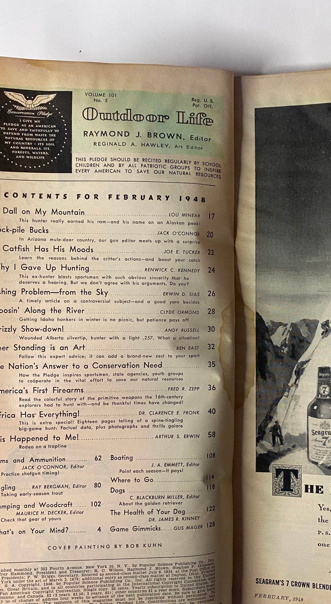 Contents page of Outdoor Life Magazine February 1948, listing articles and features related to outdoor sports and adventures.