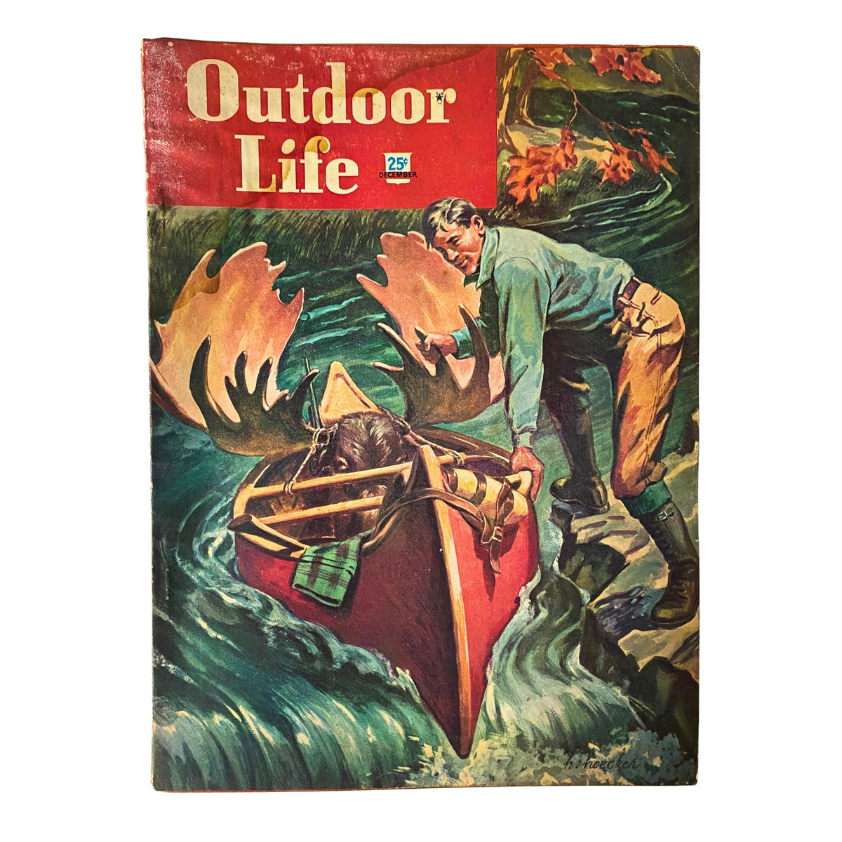 Cover of Outdoor Life Magazine December 1948 featuring a vibrant painting by H. Hoecker, depicting a man with a canoe and moose, highlighting the adventurous spirit of outdoor life.