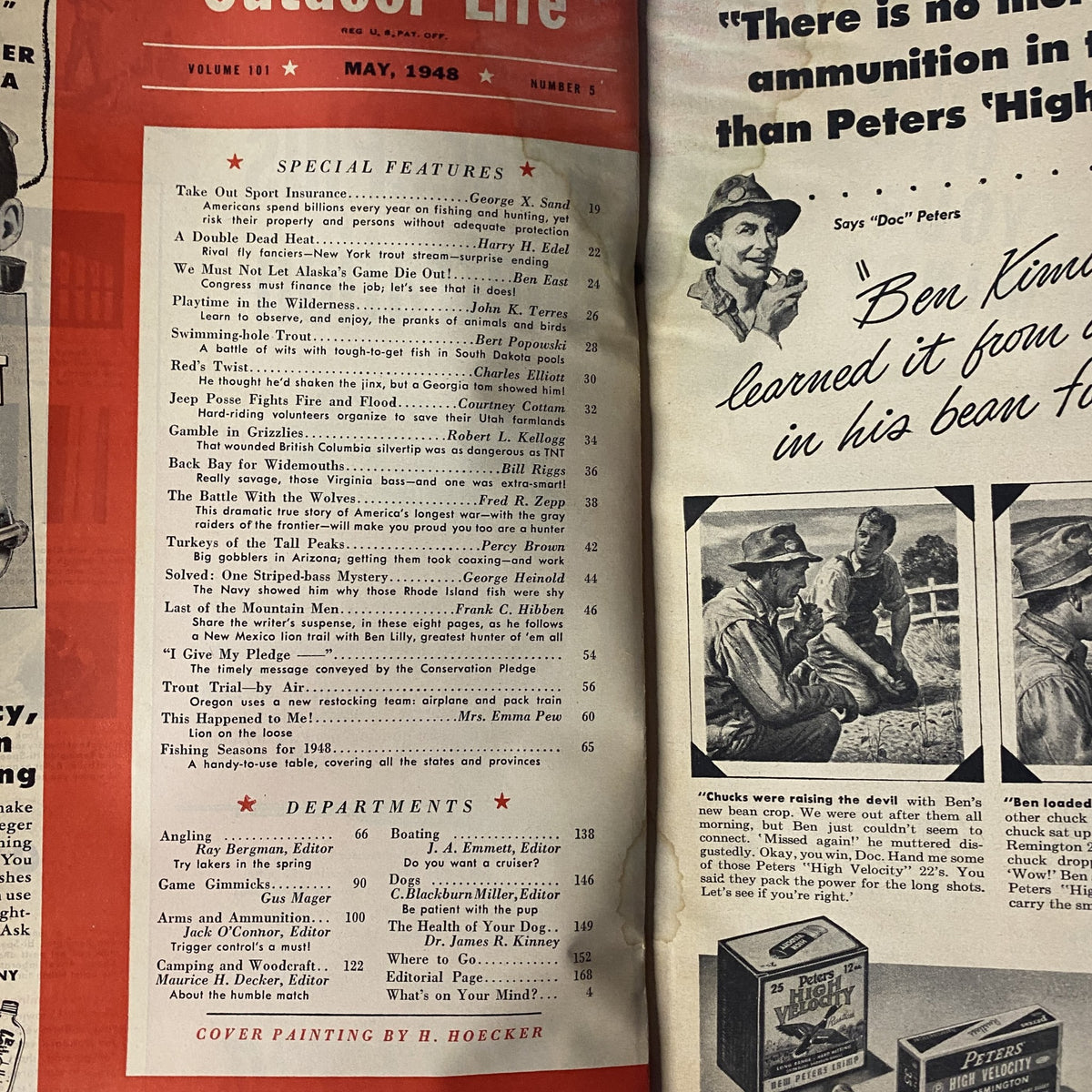 Table of contents from Outdoor Life Magazine May 1948 featuring articles on fishing and hunting, illustrated with a cover painting by H. Hoecker.