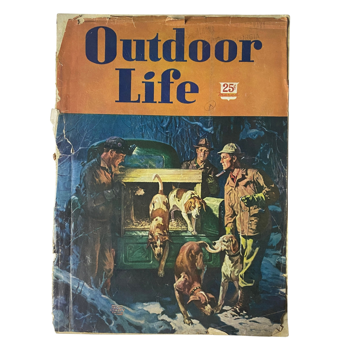 Cover of Outdoor Life Magazine, March 1947, featuring a colorful illustration by Ralph Crosby Smith depicting hunters and dogs, showcasing the theme of outdoor activities.