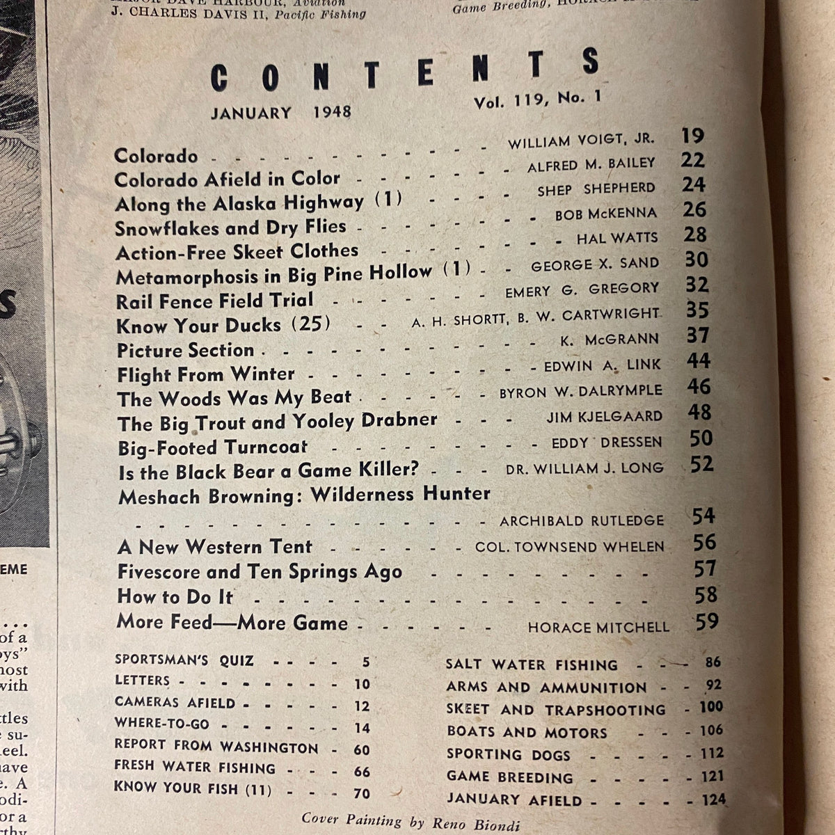 Contents page of Sports Afield Magazine January 1948, listing articles on outdoor activities including hunting and fishing.