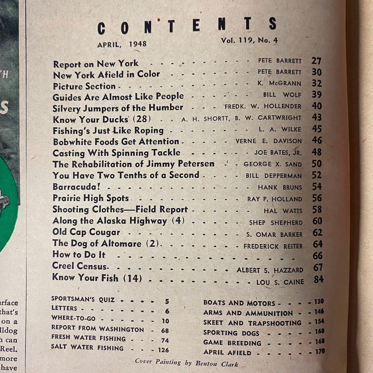 Table of contents page from Sports Afield Magazine, April 1948, detailing articles and features including 'Report on New York' and 'Guides Are Almost Like People'.