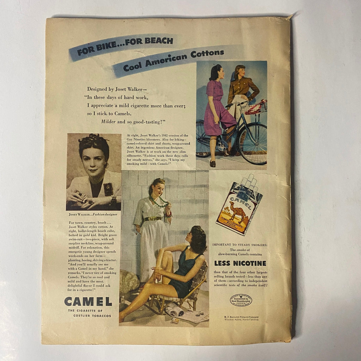 Back cover of Radio and TV Mirror Magazine August 1942 titled 'United We Stand', featuring an advertisement for Camel cigarettes with an illustration of women engaged in outdoor activities. The design emphasizes leisure and relaxation, reflecting the lifestyle of the era.