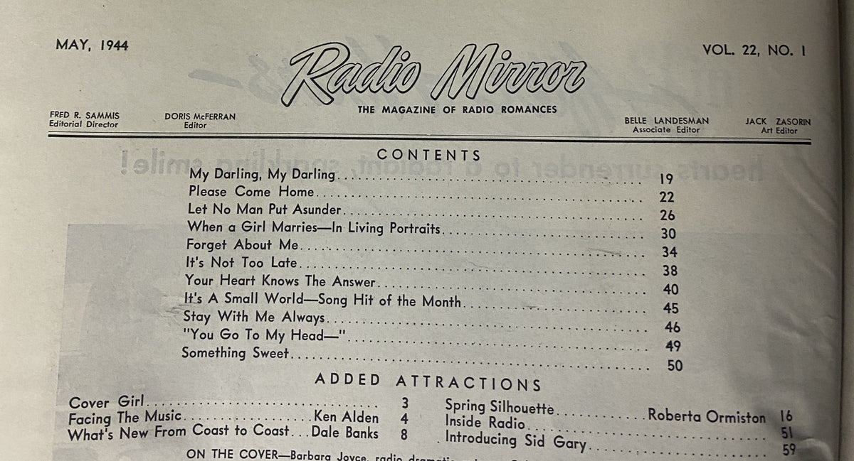 Inside page of Radio Mirror Magazine May 1944 displaying the table of contents, listing features and articles on radio romances and entertainment.