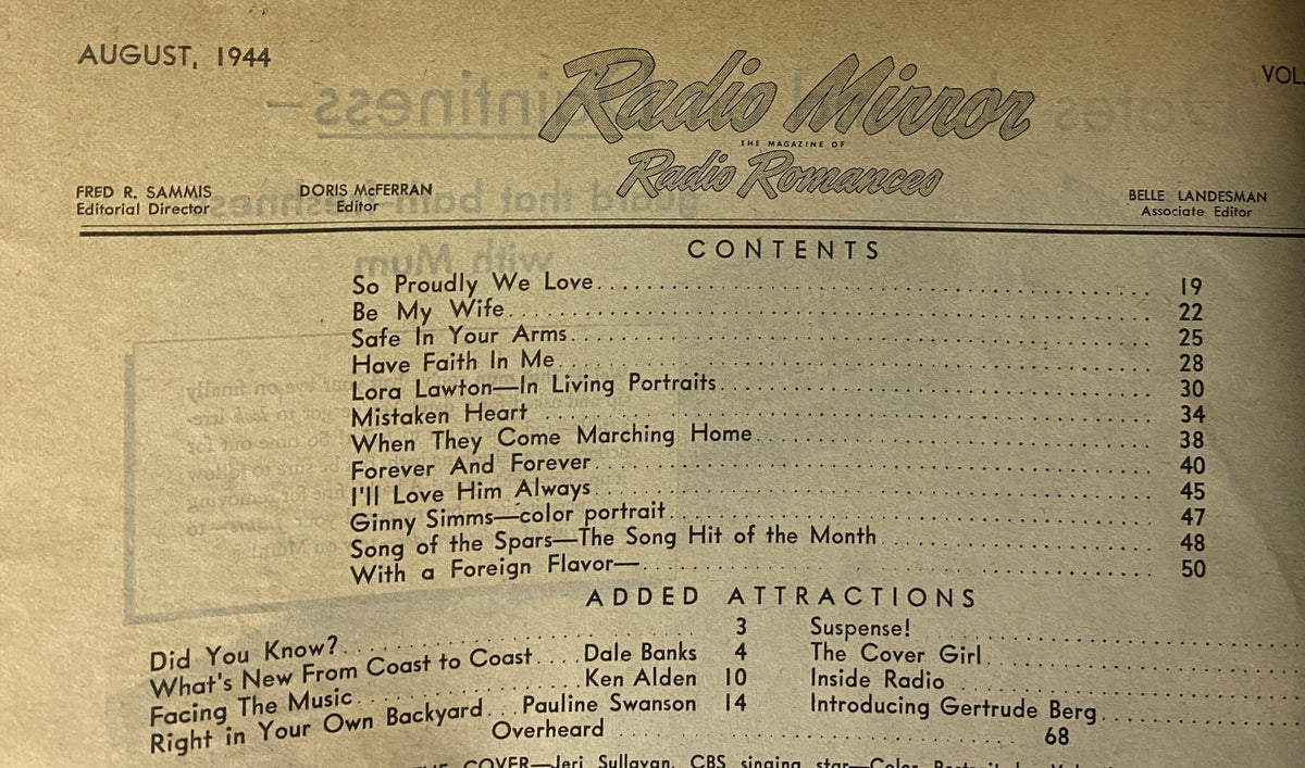 Interior page from Radio Mirror Magazine August 1944 featuring the table of contents, highlighting articles like 'So Proudly We Love' and 'Ginny Simms - color portrait'.