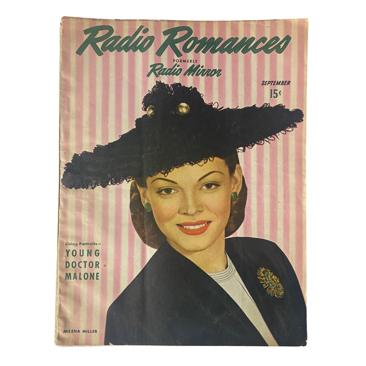 Cover of Radio Romances Magazine, September 1945 featuring a portrait of Milena Miller in an elegant hat with a vintage pink striped background. A classic collectible from the post-war radio era.