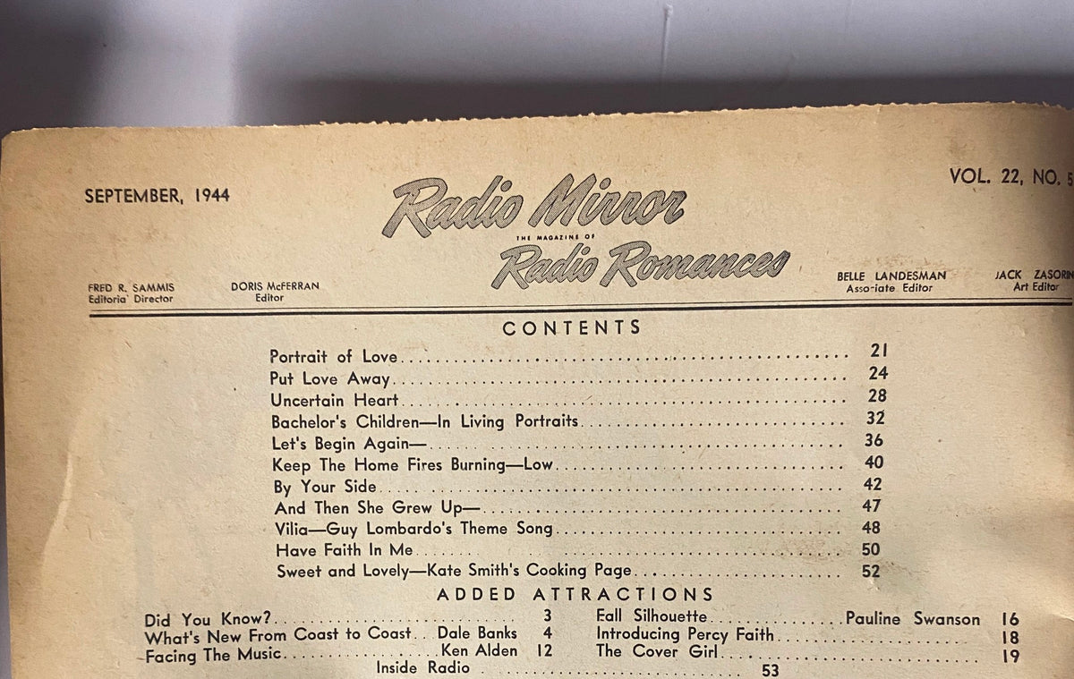 Table of contents from Radio Romances Magazine – September 1944, listing stories and features including 'Portrait of Love' and 'Bachelor's Children'.