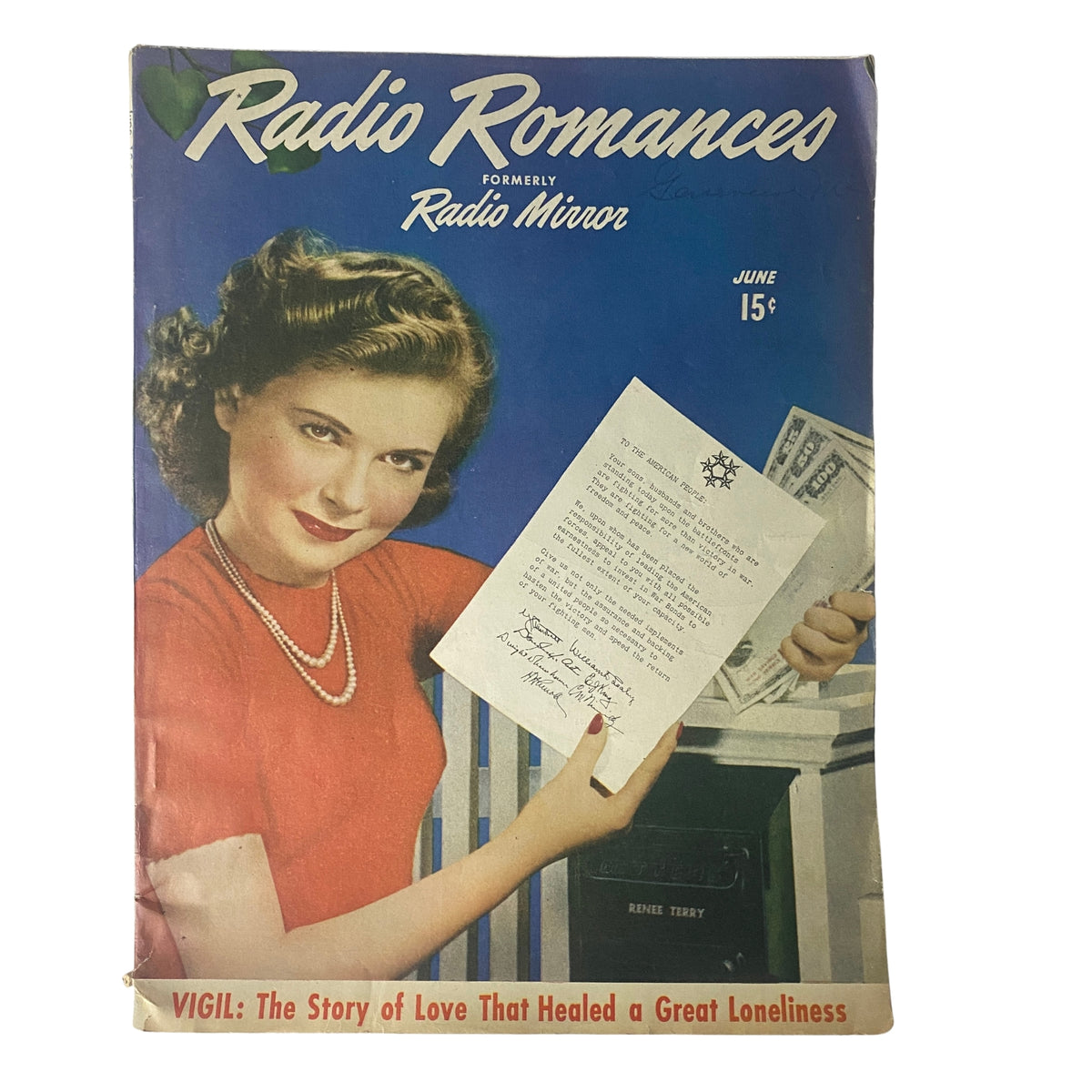 Cover of Radio Romances Magazine June 1945 featuring radio actress Renee Terry, highlighting postal letters and financial themes.