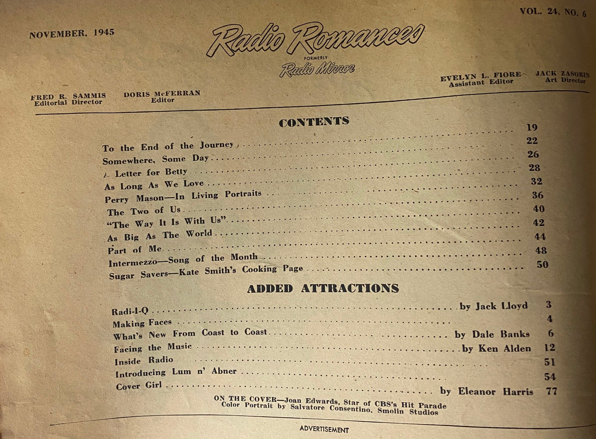 Contents page of Radio Romances Magazine November 1945, featuring editorial and article titles including 'A Letter for Betty' and 'Making Faces.'