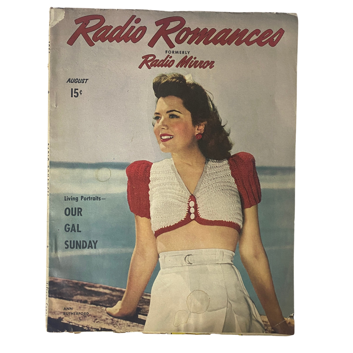 Cover of Radio Romances Magazine from August 1945 featuring Ann Rutherford in a stylish outfit, showcasing mid-1940s fashion and cultural representation.