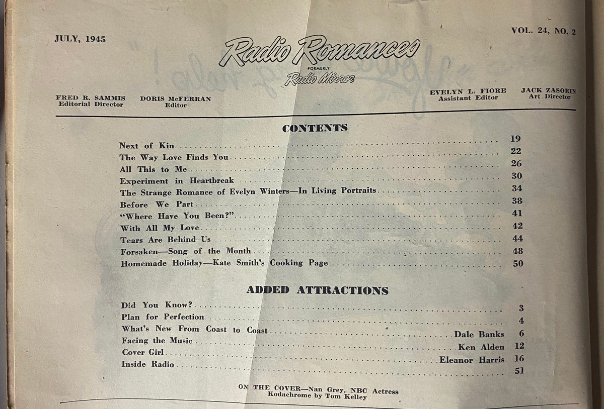 Table of Contents for Radio Romances Magazine July 1945 detailing featured stories and articles including 'Next of Kin' and 'The Way Love Finds You'.