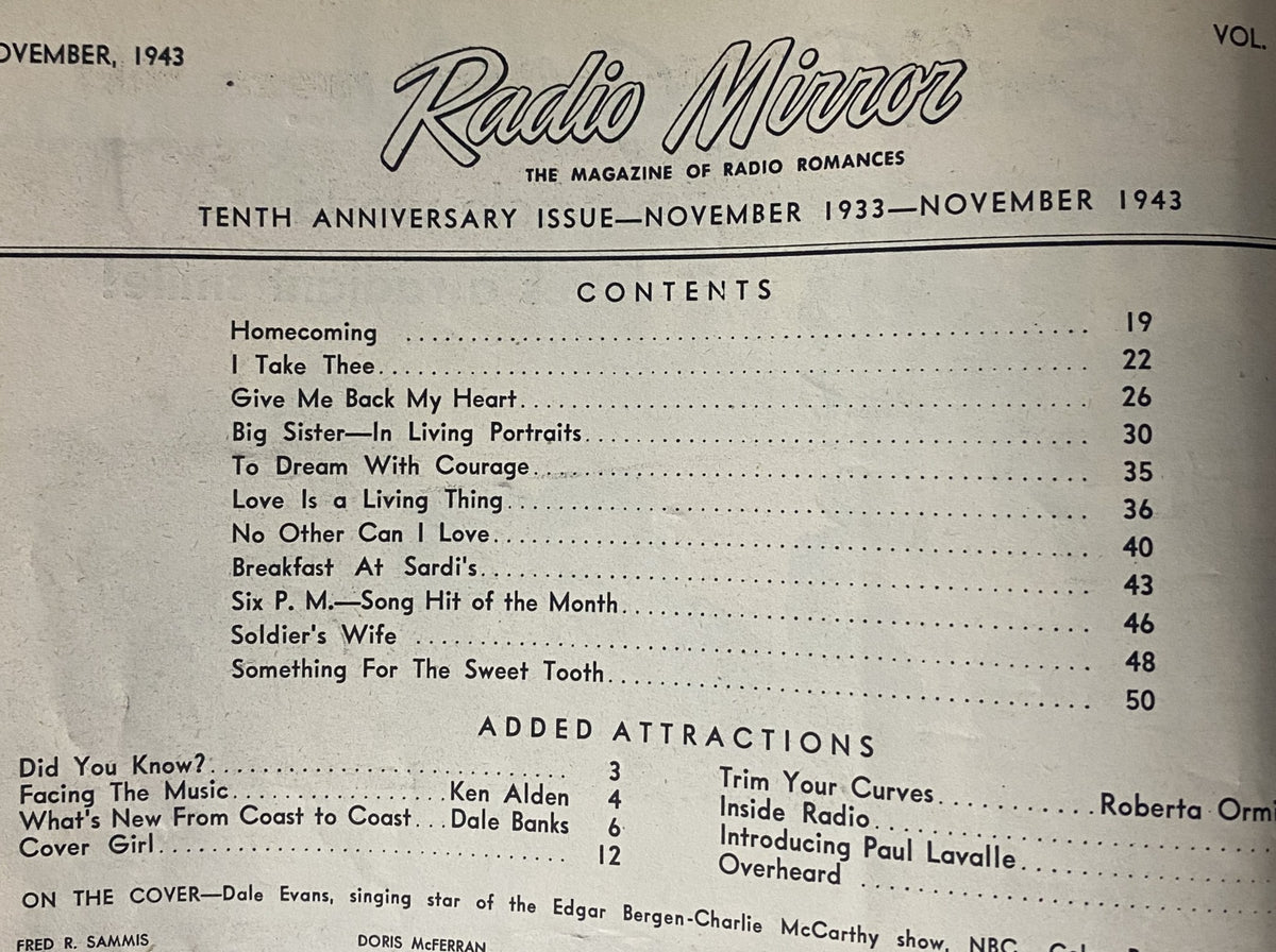 Table of Contents from Radio Mirror Magazine, November 1943, detailing stories like 'Homecoming' and 'Breakfast at Sardi's' alongside features from the 1940s.