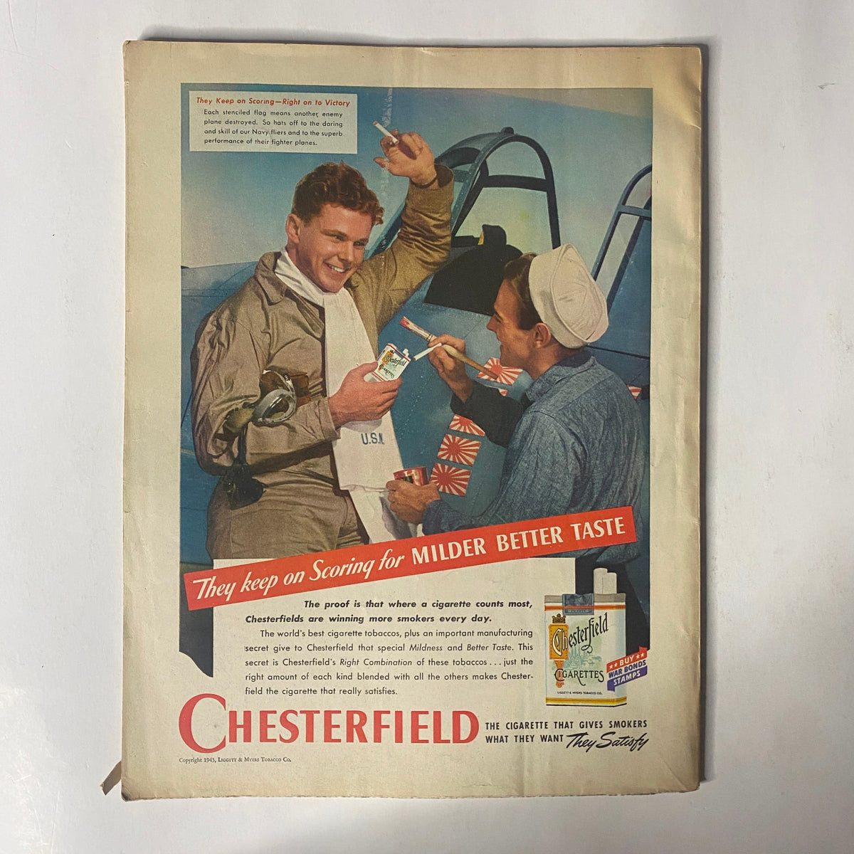 Vintage advertisement for Chesterfield cigarettes featured in Radio Romances Magazine July 1943, promoting their mildness and better taste, reflective of 1940s advertising style.