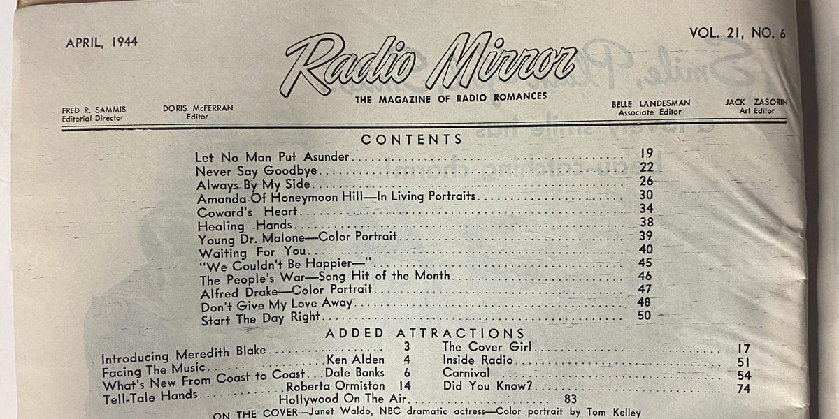 Radio Mirror Magazine April 1944 featuring a detailed table of contents with romantic stories and profiles from the World War II era.