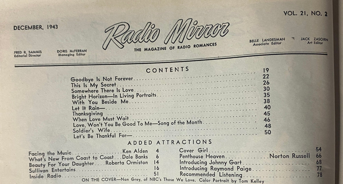 Contents page of Radio Mirror Magazine December 1943 featuring articles like Goodbye Is Not Forever and Soldier's Wife, with a color portrait of Nan Grey on cover by Tom Kelley.
