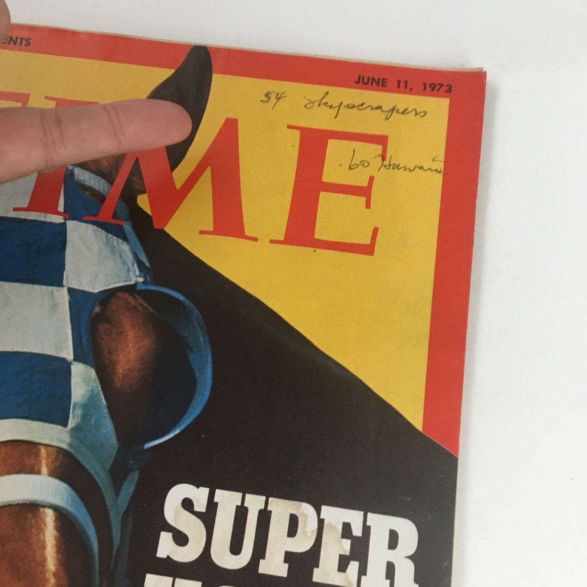 Cover of Time Magazine from June 11, 1973, Volume 101, No. 24 featuring Secretariat, the Super Horse, displaying vibrant colors and historical significance.
