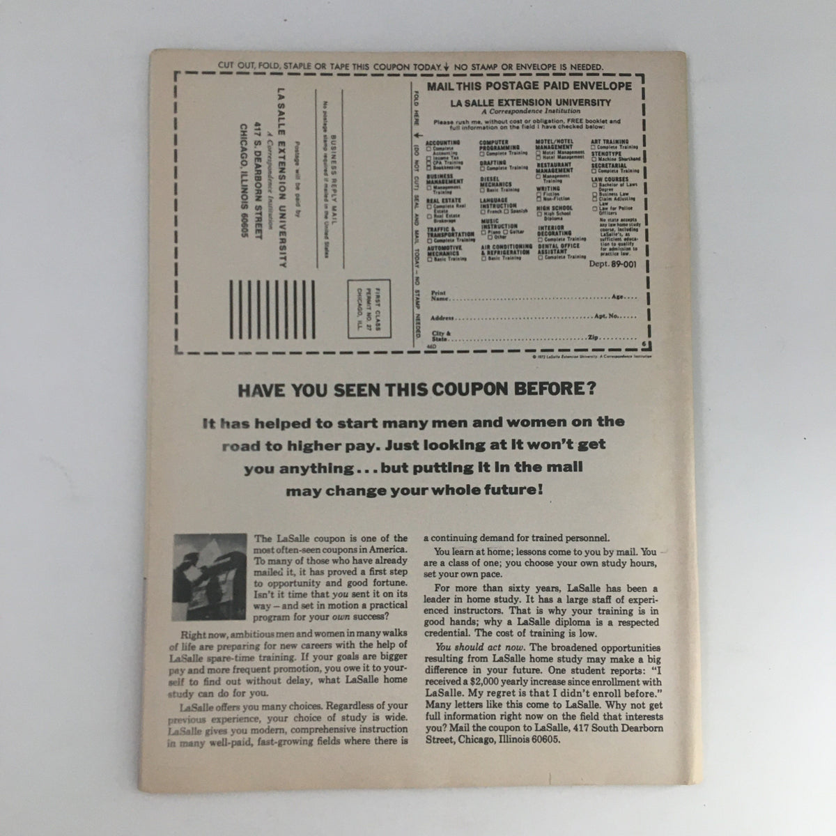 Back cover of Hit Parader Magazine May 1973 No. 106, featuring a promotional coupon and educational opportunities from LaSalle Extension University.