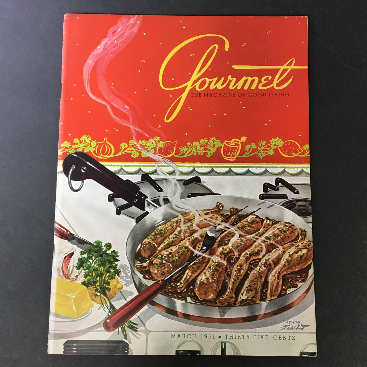 Cover of VTG Gourmet Magazine, March 1951, featuring a colorful illustration of cooking with sausages and herbs, representing culinary arts and Greek cuisine.