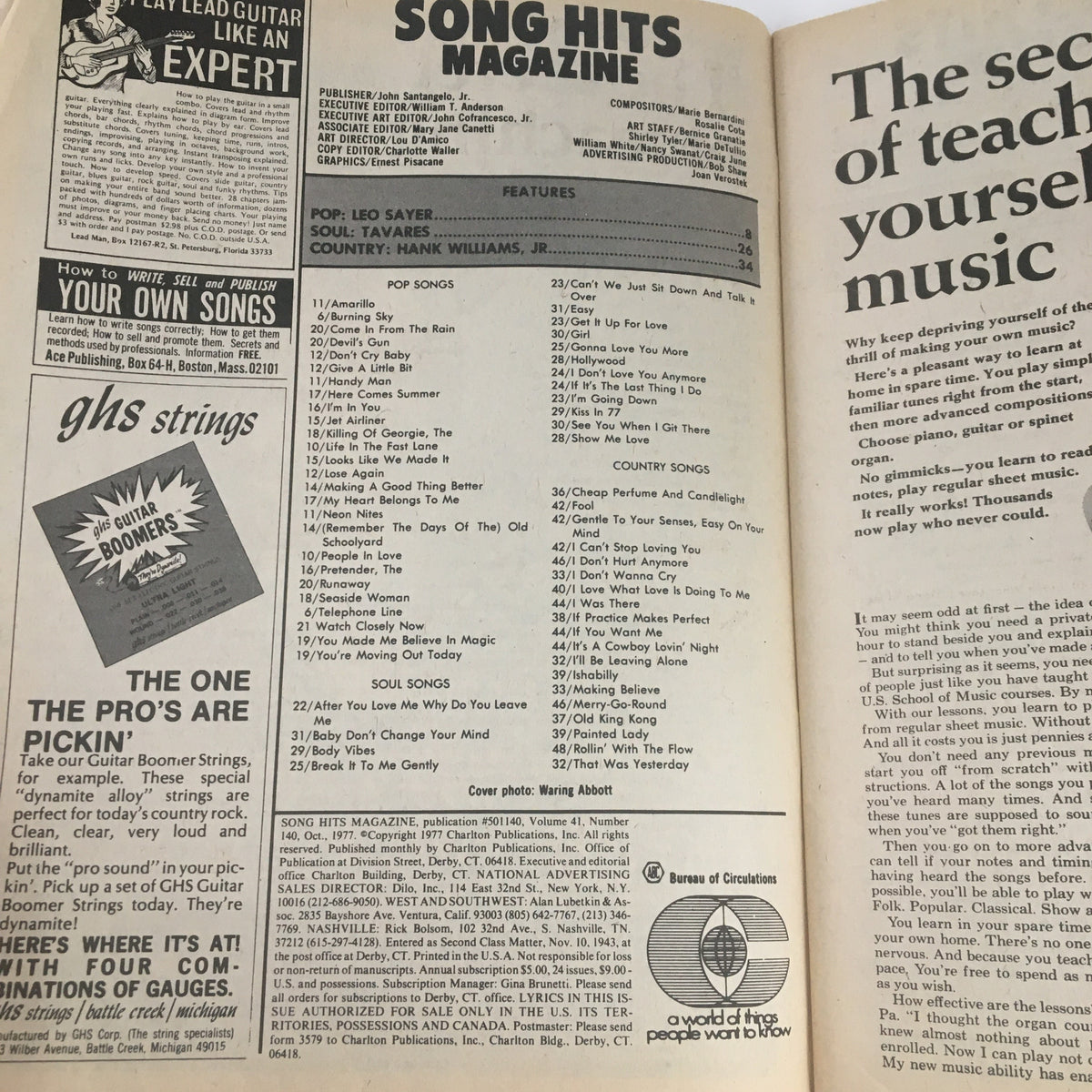 Inside page of Song Hits Magazine October 1977 listing features and contents related to artists Leo Sayer, Tavares, and Hank Williams Jr.