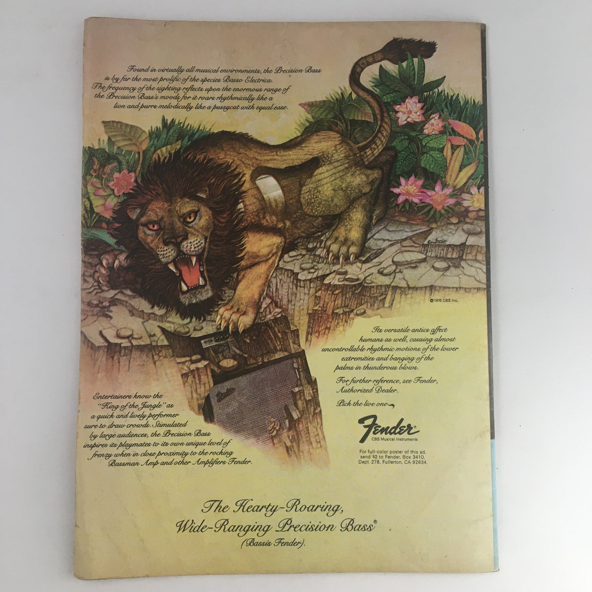 Ad page from Song Hits Magazine October 1977 featuring a colorful illustration of a lion with a bass guitar, promoting the Fender Precision Bass.