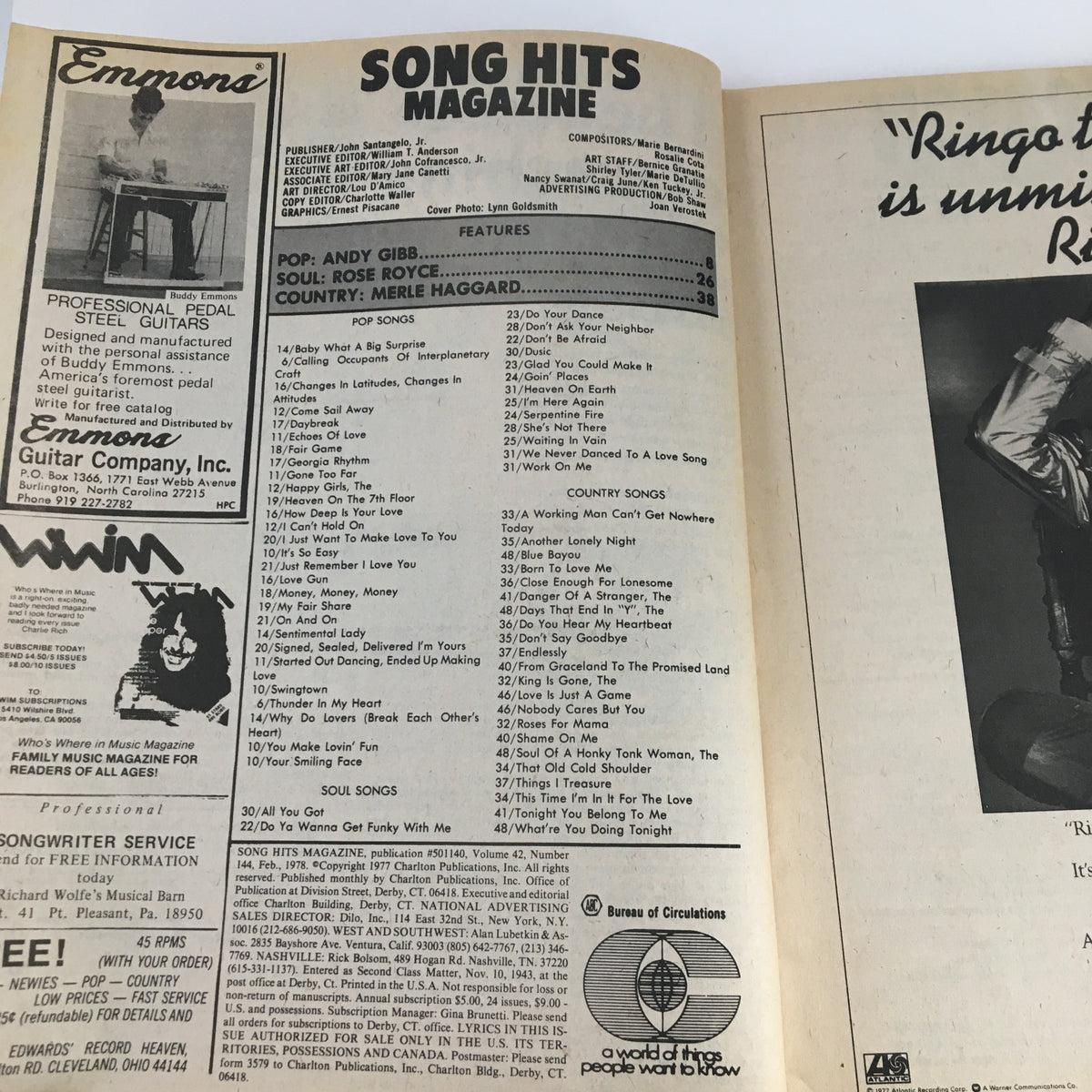 Song Hits Magazine February 1978 Andy Gibb, Rose Ryce & Merle Haggard