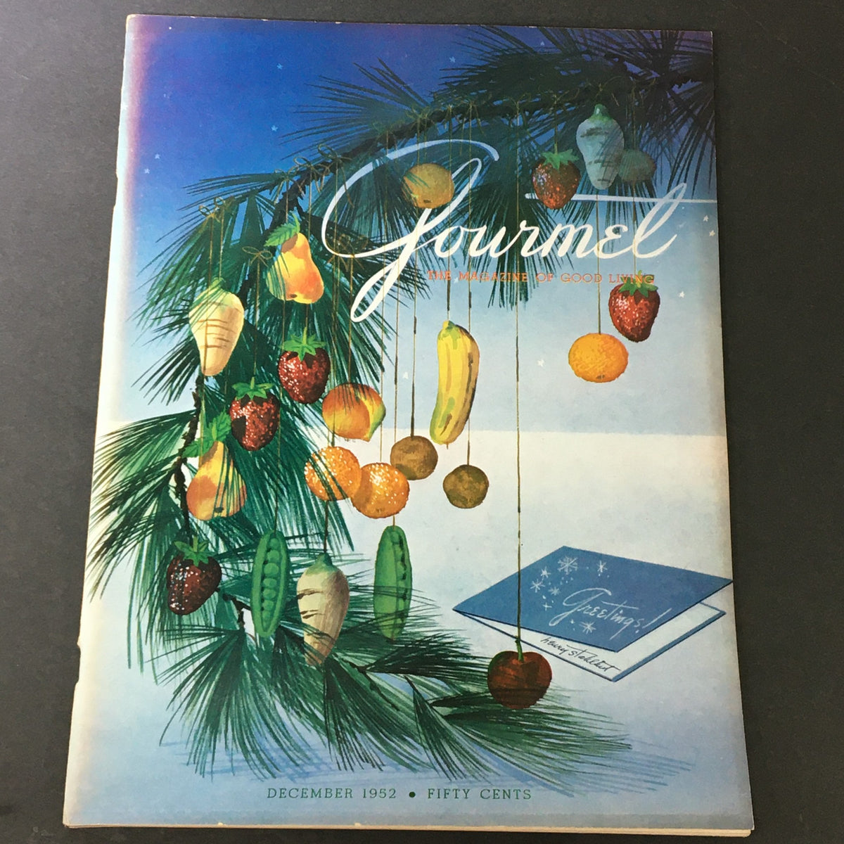 Vintage cover of VTG Gourmet: The Magazine of Good Living, December 1952, featuring a festive arrangement of fruits and pine branches for the Christmas on the Ranch theme.