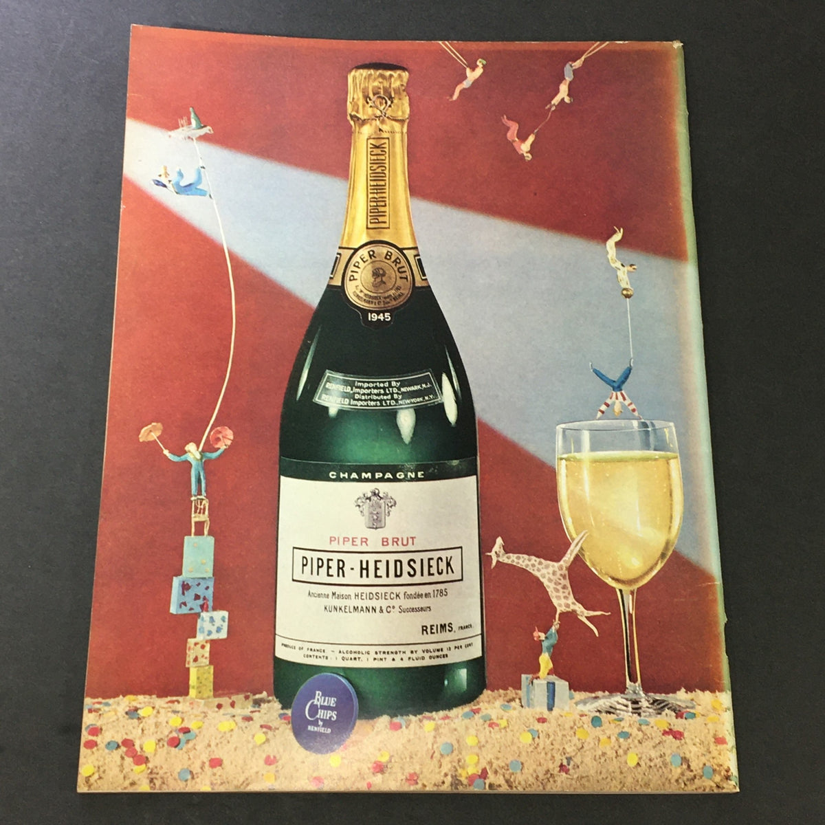 Back cover of VTG Gourmet: The Magazine of Good Living, December 1952, displaying a Piper-Heidsieck champagne bottle with whimsical illustrations, complementing the Christmas on the Ranch theme.