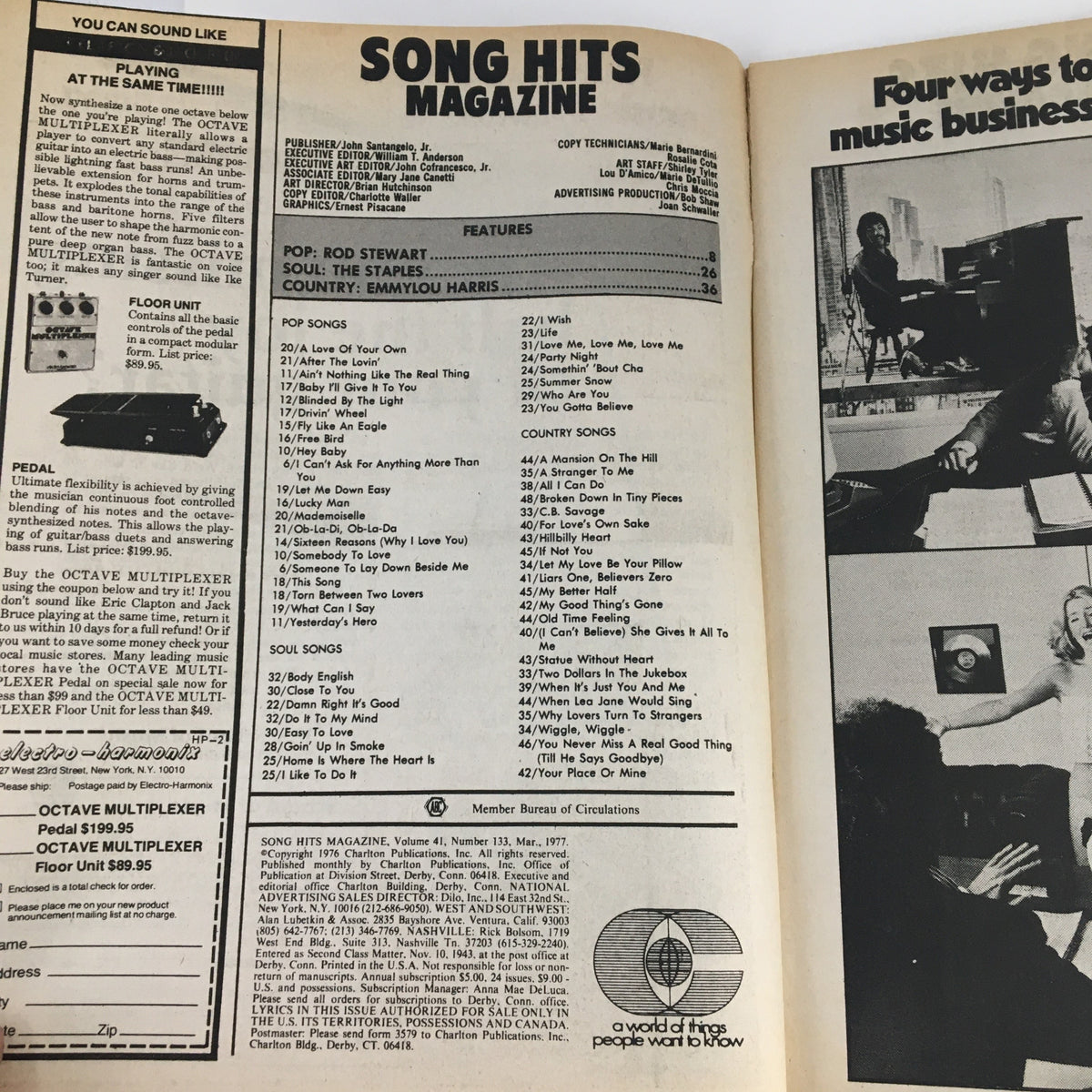 Inside page of Song Hits Magazine April 1977 displaying the table of contents and featured artists including Rod Stewart and The Staples.