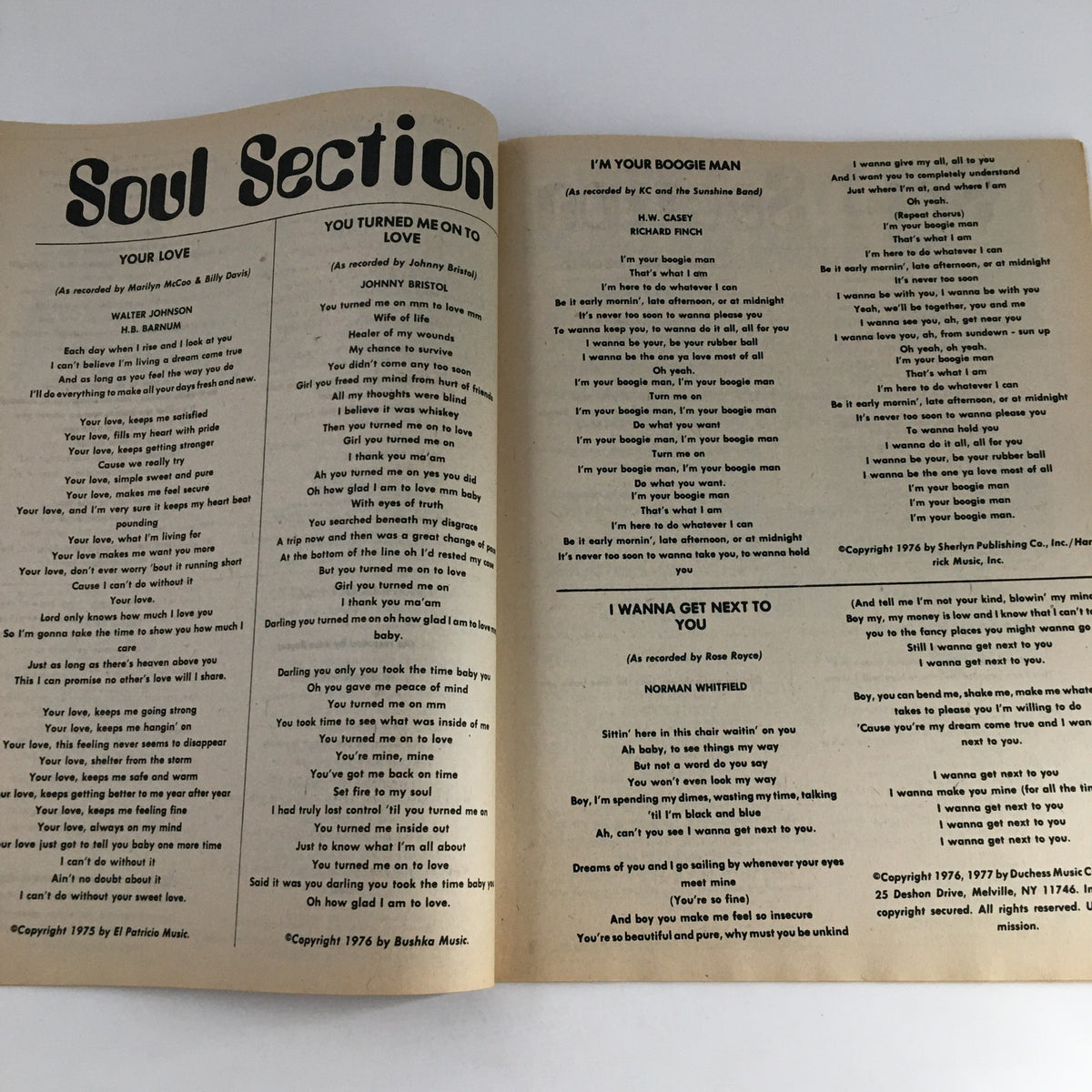Soul Section lyrics publication in Song Hits Magazine July 1977, featuring popular songs and artists from the era.