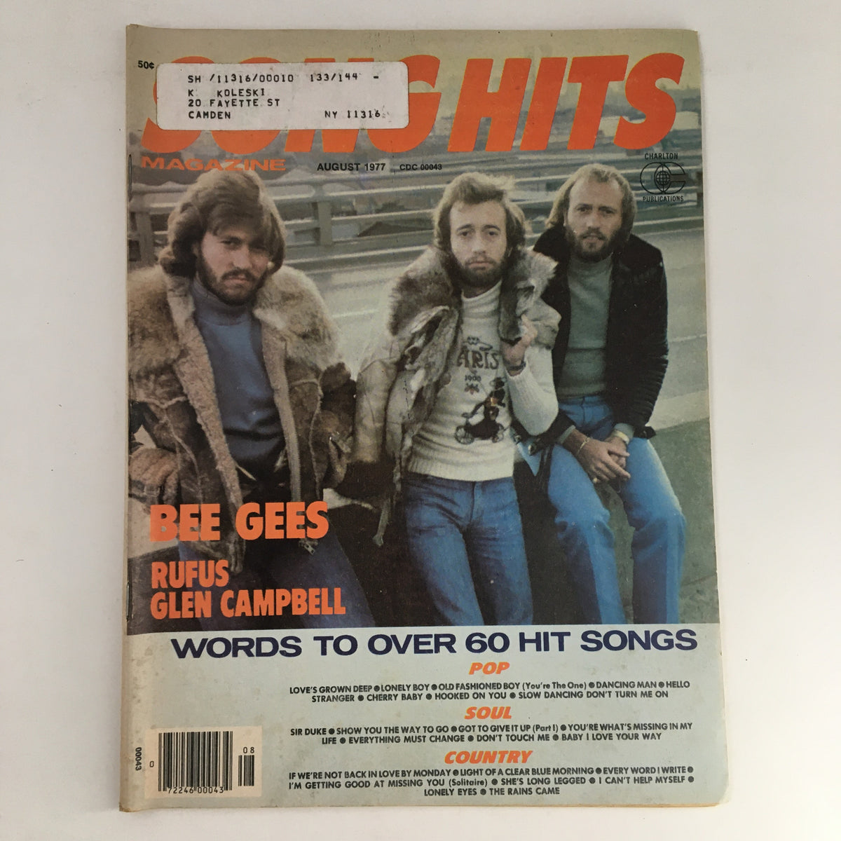 Front cover of Song Hits Magazine August 1977 featuring Bee Gees, Rufus, and Glen Campbell, showcasing iconic artists of the 70s.