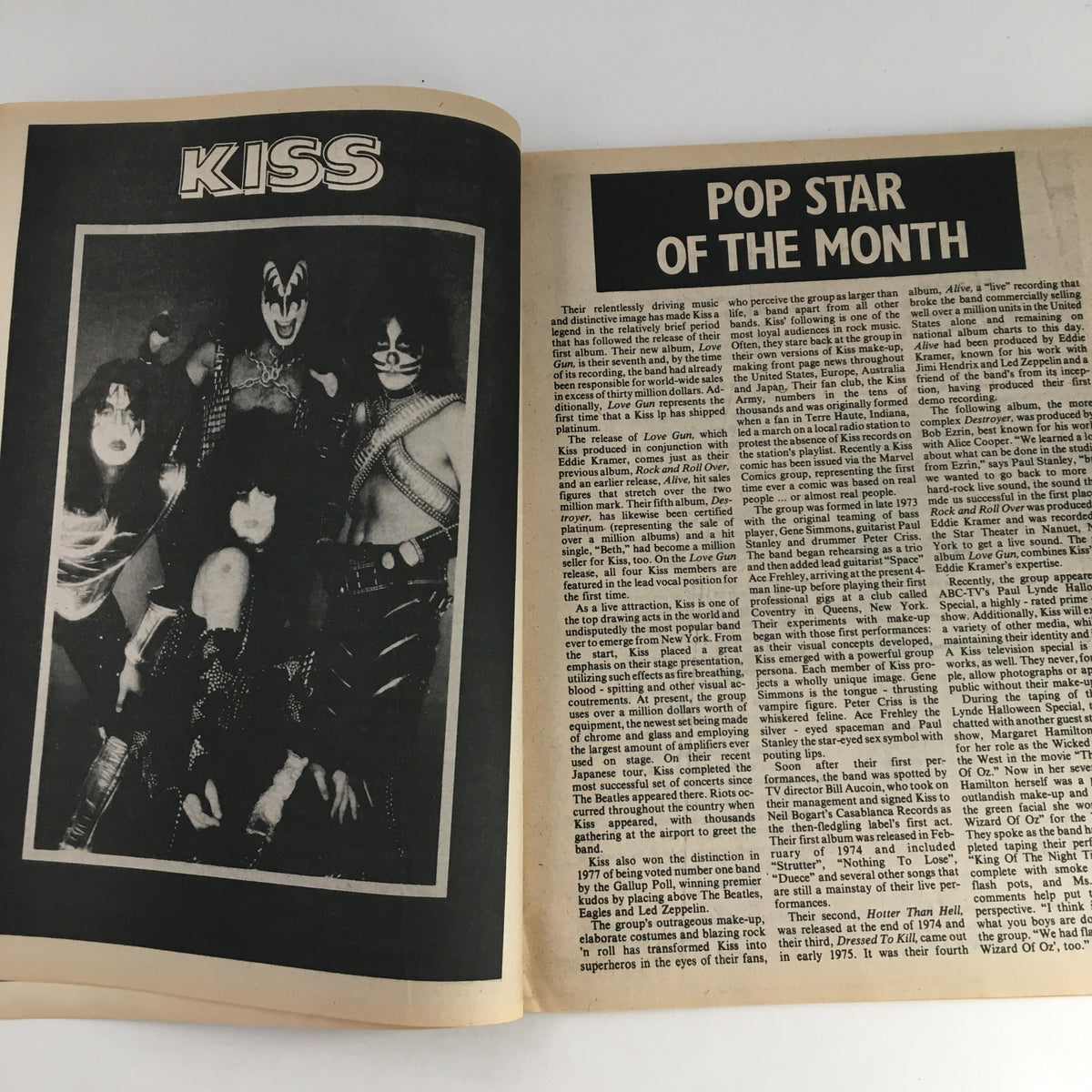 Song Hits Magazine December 1977 cover page featuring the iconic rock band Kiss, spotlighting their popularity and the article 'Pop Star of the Month'.
