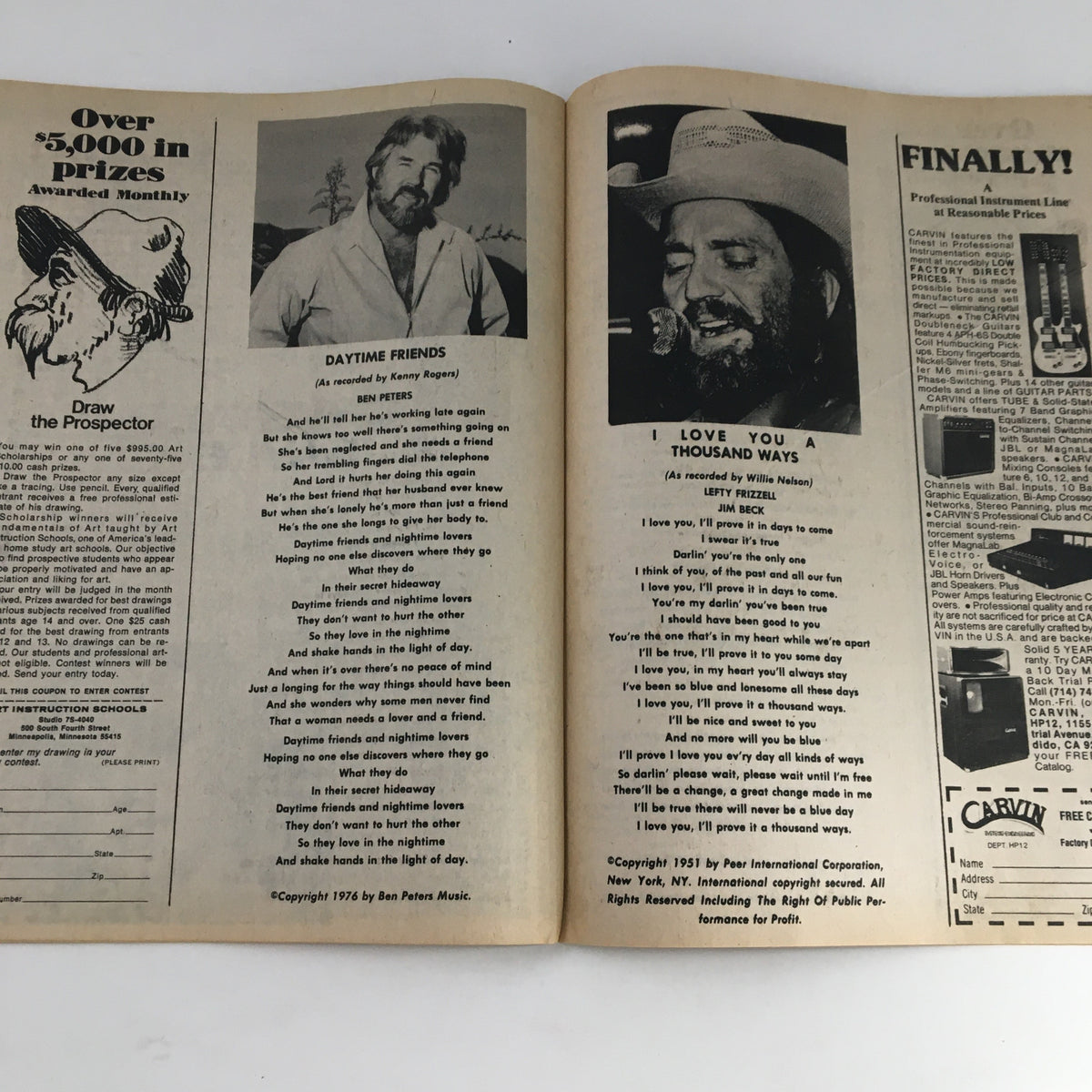 Song Hits Magazine December 1977 showcasing song lyrics including 'Daytime Friends' by Kenny Rogers and 'I Love You A Thousand Ways' by Willie Nelson.