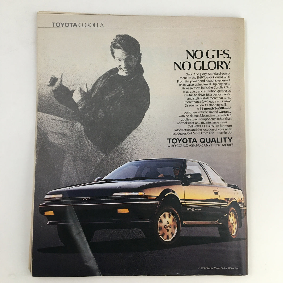 Advertising page for Toyota Corolla from Rolling Stone Magazine November 17 1988, highlighting the vehicle's features with an appealing black and white graphic.