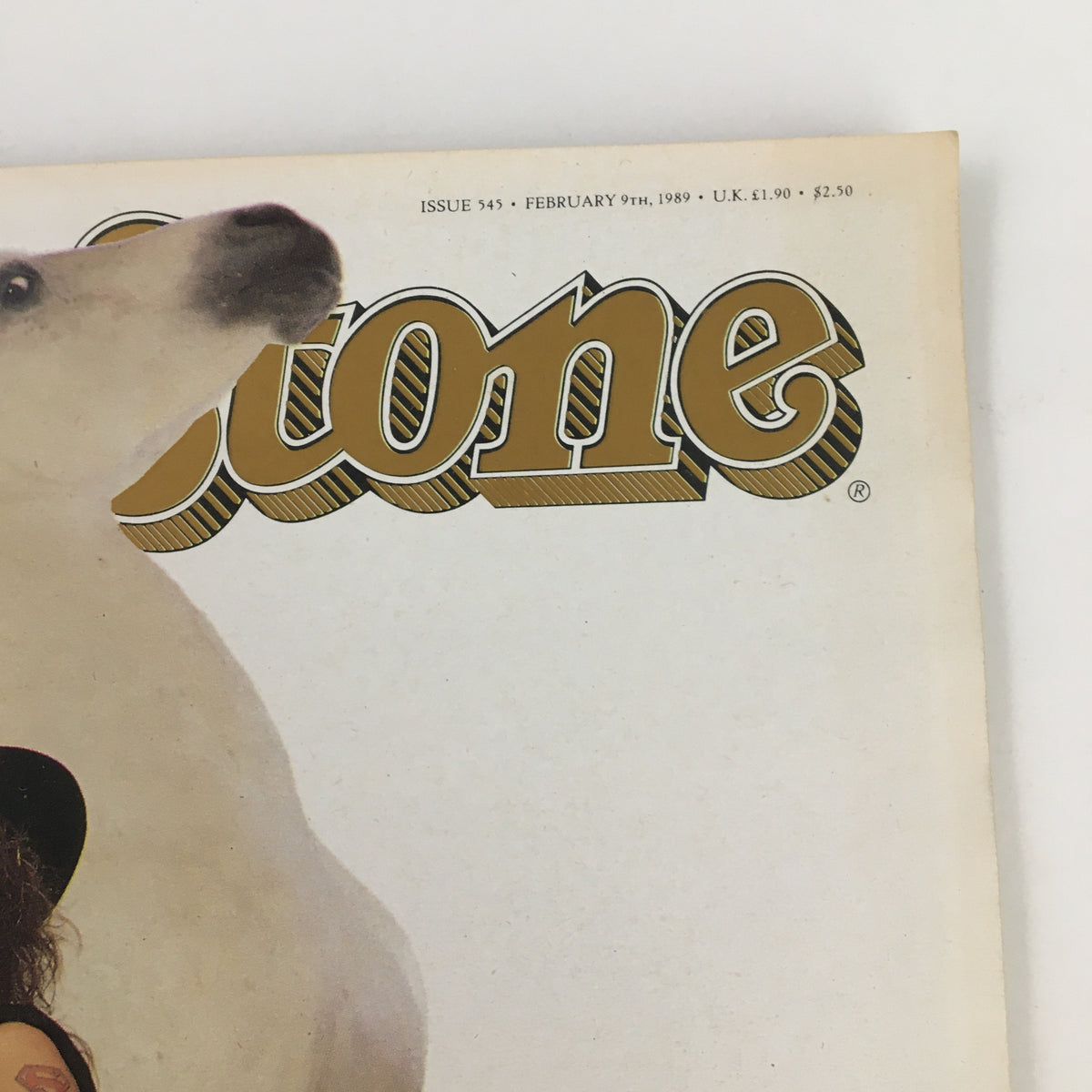Close-up of the Rolling Stone Magazine logo and header from February 9 1989 edition, showcasing Bon Jovi as the feature artist.