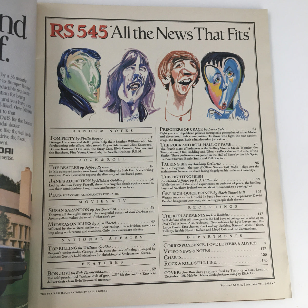 Inside page of Rolling Stone Magazine February 9 1989, displaying contents and notable articles, including features on Bon Jovi and The Beatles.