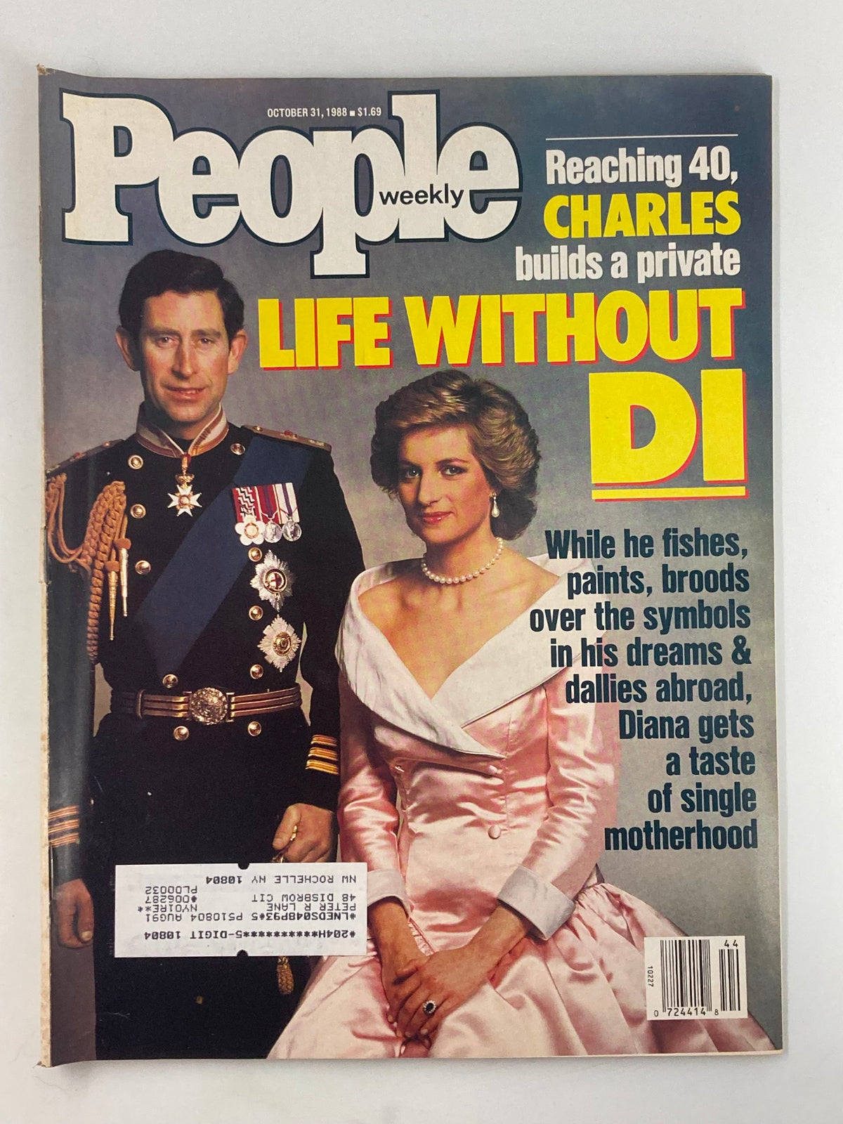 Cover of People Weekly Magazine dated October 31, 1988 featuring Prince Charles and Princess Diana, highlighting an article titled 'Life Without Di' with the tagline about Charles reaching 40 and Diana's single motherhood experience.