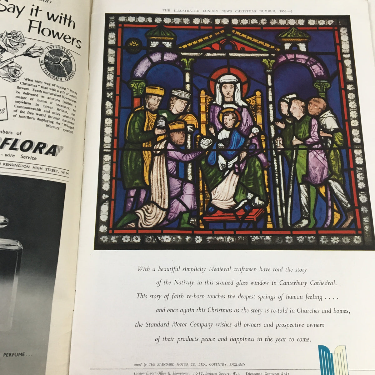 The Illustrated London News November 19 1953 A River Pageant - Interior page featuring a stained glass window depiction of the Nativity, illustrating medieval craftsmanship and Christmas themes.
