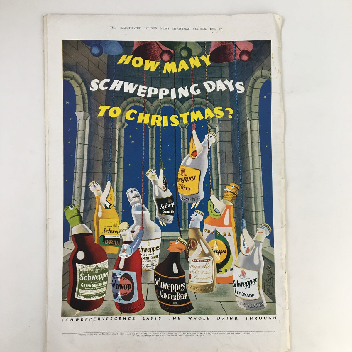 Illustrated London News cover from Christmas 1963 featuring whimsical characters celebrating the countdown to Christmas with Schweppes beverages.